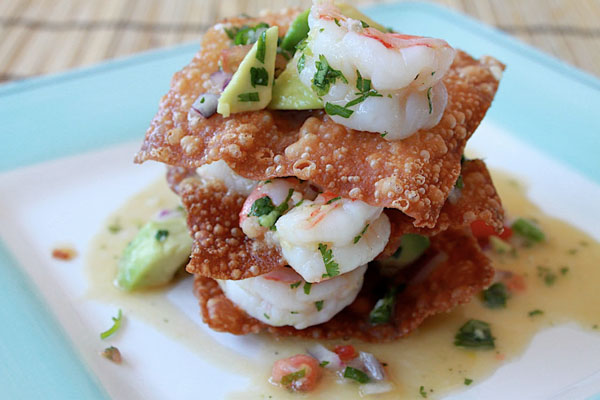 Shrimp and Avocado Salad on Crispy Wontons