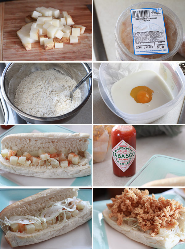 Ingredients for making a Fried Clam Po-Boy