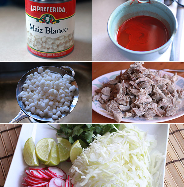 Ingredients for making pozole rojo