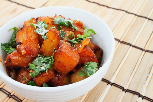 Chili Rubbed Potatoes with Garlic Onions and Cilantro