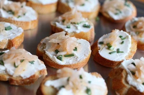 Crostini with Goat Cheese, Garlic Scapes, and Mexican Pickled Onions