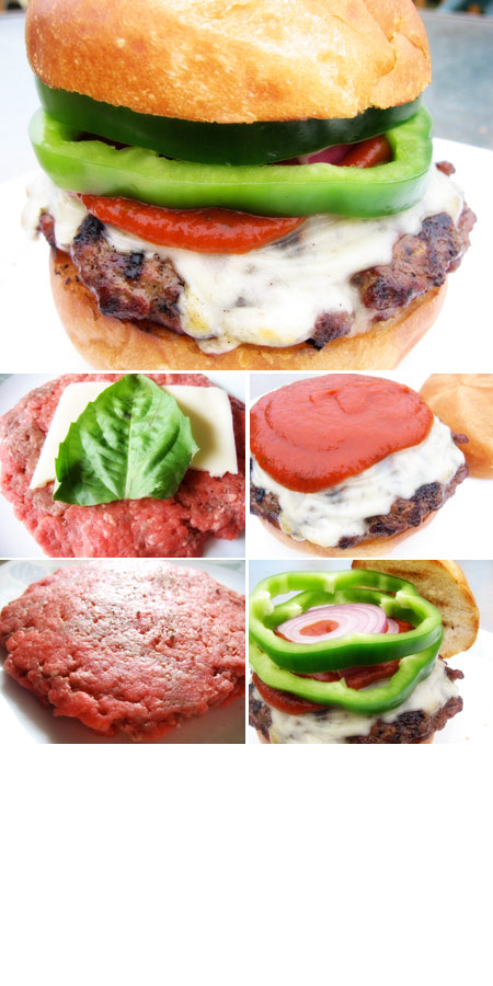 Pizza Burger stuffed with Mozzarella Cheese and Fresh Basil