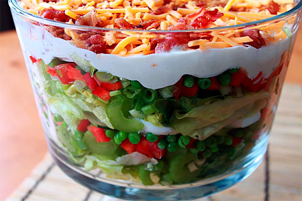 Seven Layer Salad Recipe with Wasabe Mayonnaise Dressing