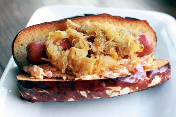 Hot Dog with Pimento Cheese on a Pretzel Bun Recipe
