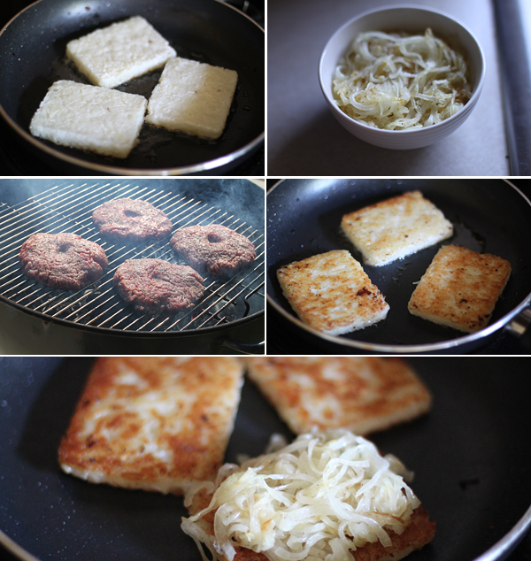 Ingredients for making a hashbrown cheese burger
