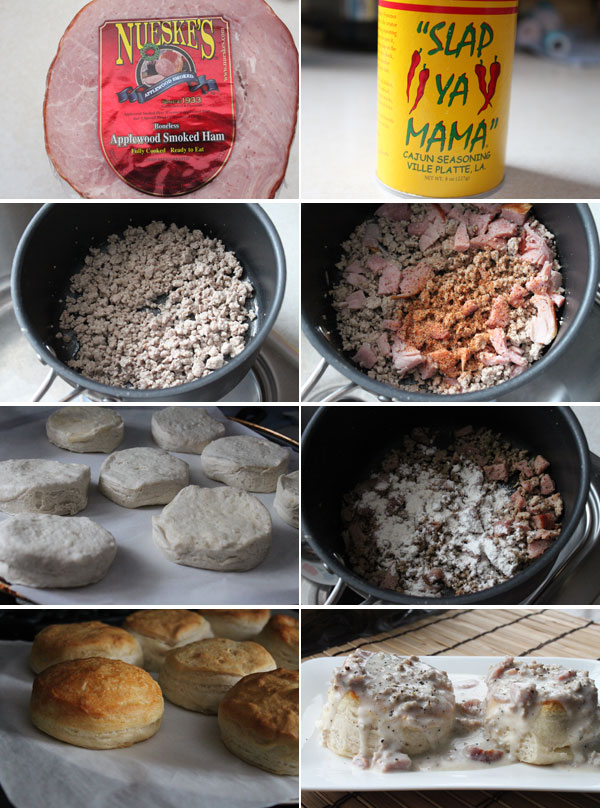 Ingredients for making ham and sausage biscuits and gravy